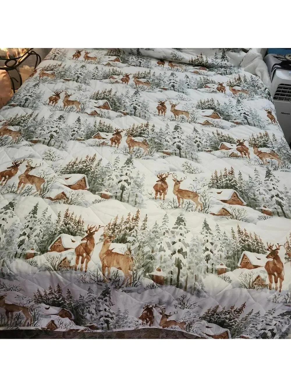 Winter Deer Cabin Quilt Sherpa Backing Throw Blanket Soft Cozy